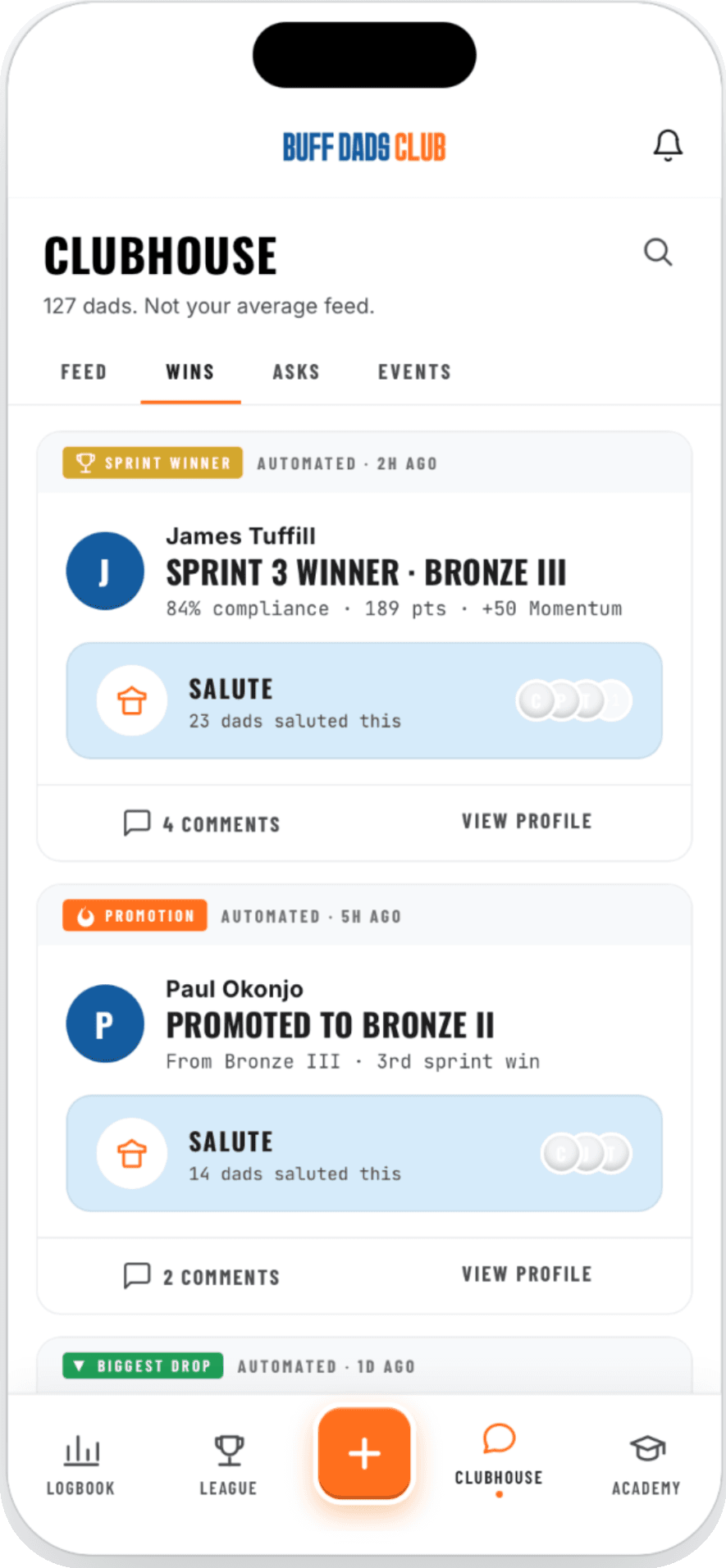 Clubhouse feed showing sprint wins, promotions, and salutes from other dads