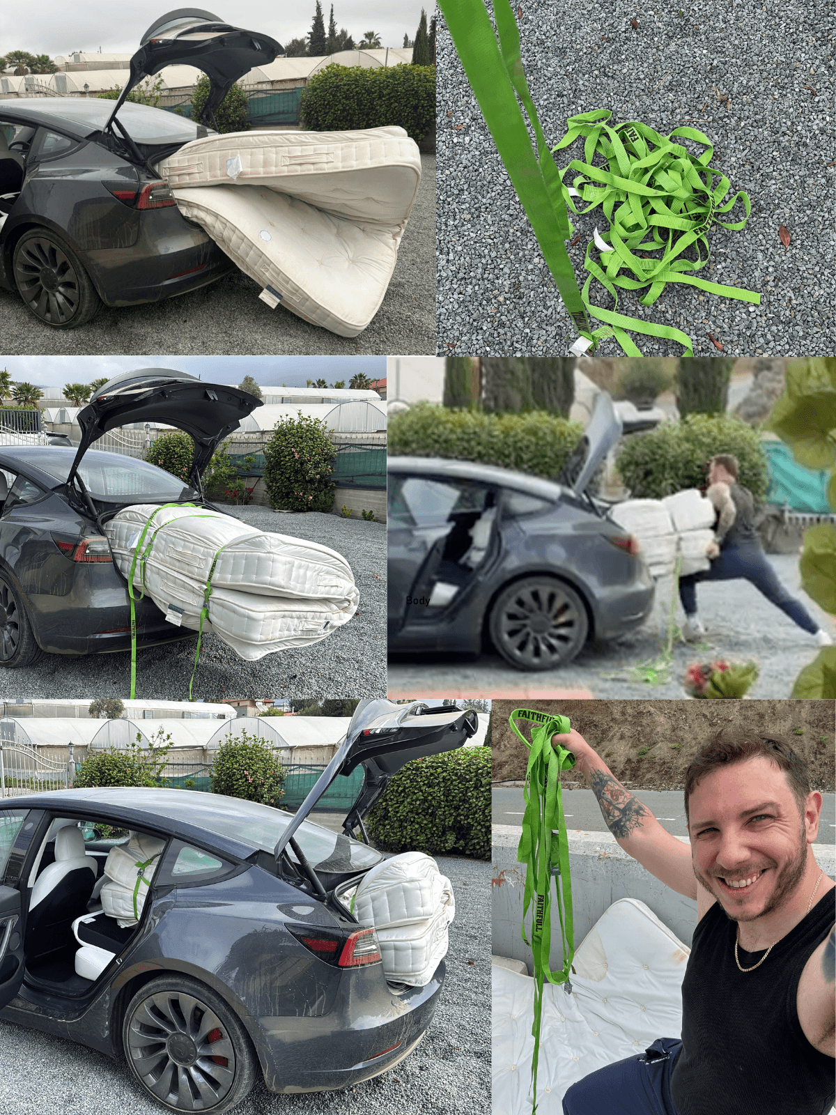 Super king mattress wedged into the back of a Tesla Model 3, then hauled onto the pile at the tip.