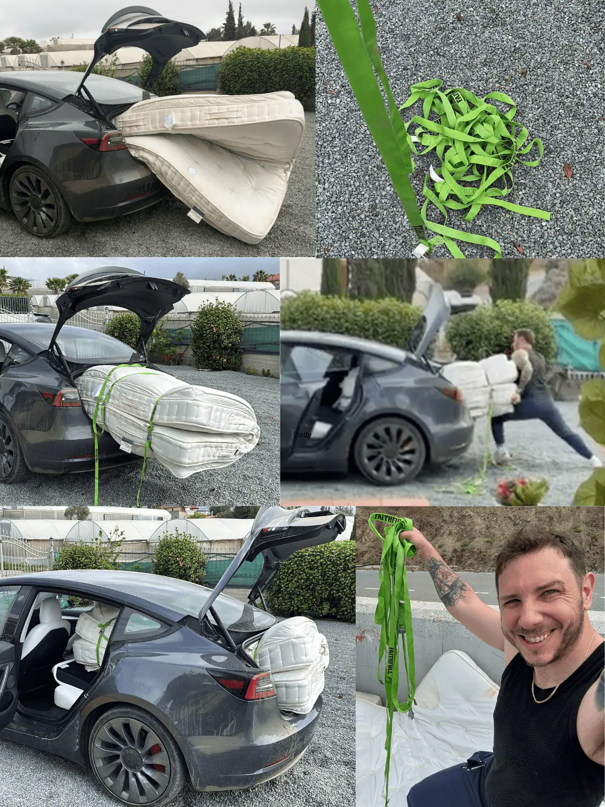 Super king mattress wedged into the back of a Tesla Model 3, then hauled onto the pile at the tip.